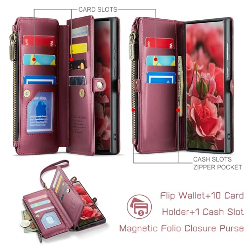 Defencase for Samsung Galaxy S22 Ultra Wallet Case with Card Holder, W-Red | Durable PU Leather, with RFID Blocking Zipper Pocket, Wrist Strap, S22 Ultra Flip Phone Cases Cover with Stand for Women Men - color: Elegant Wine Red