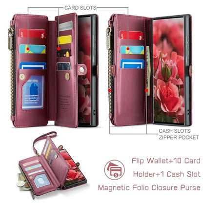 Defencase for Samsung Galaxy S22 Ultra Wallet Case with Card Holder, W-Red | Durable PU Leather, with RFID Blocking Zipper Pocket, Wrist Strap, S22 Ultra Flip Phone Cases Cover with Stand for Women Men - color: Elegant Wine Red