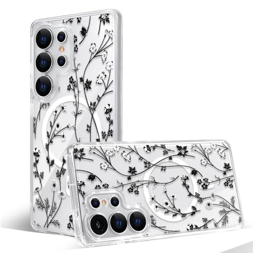 Magnetic Case for Samsung Galaxy S25 Ultra [Compatible with MagSafe] Cute Clear Flower Floral Case for Women Girls Soft TPU Bumper Hard PC Back Anti-Fall Shockproof Protective Slim Cover A10 - color: Flower Branch 3, size: Samsung Galaxy S25 Ultra Case