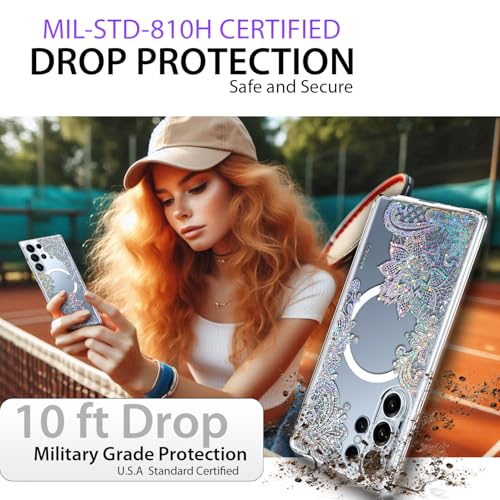 Magnetic for Samsung Galaxy S26 Ultra Case, Compatible with MagSafe, Cute for Women Girls, 10FT Military Grade Protective Cover for Galaxy S26 Ultra Case Glitter, Clear Bling Lace Mandala - size: 6.9 inch (for Galaxy S26 Ultra)