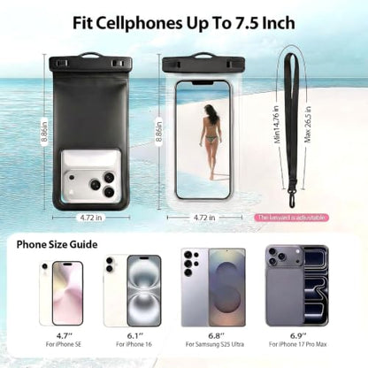 2-Pack IPX8 Waterproof Phone Pouch Set Black | Sturdy Lock, Interior Card Holder, Dry Bag, Beach Essentials, Compatible for iPhone 17-11, for Galaxy S25-23 - color: Black
