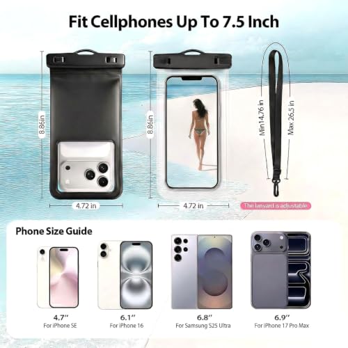 2-Pack IPX8 Waterproof Phone Pouch Set Black | Sturdy Lock, Interior Card Holder, Dry Bag, Beach Essentials, Compatible for iPhone 17-11, for Galaxy S25-23 - color: Black