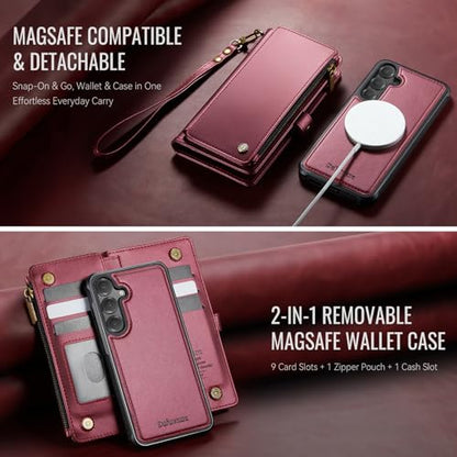 Defencase for Galaxy S25 Case Wallet Compatible with Magsafe 6.2", Wine Red | Magnetic Detachable, with RFID Bolcking Card Holder, Zipper Strap, PU Leather Drop-Proof Phone Cover for Samsung Galaxy S25 - color: (Detachable with Magsafe)-Wine Red
