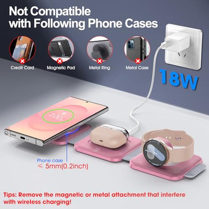 Foldable 3 in 1 Wireless Charger for Samsung Multiple Devices, Travel Wireless Charging Station/Stand for Galaxy S25 Ultra/S24/Z Fold Flip 6/5, Charger Dock Stand for Samsung Watch 7, Buds Pro3（Pink）