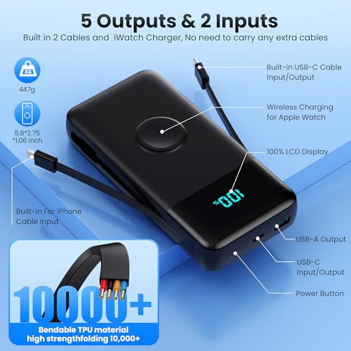 Portable Charger 40800mAh for iPhone 18 with Built-in 3 Cable and iWatch Charger,25W PD Fast Charging USB C Power Bank,Travel Camping Essentials Battery Pack for iPhone 18/17/16/15,Android,Apple Watch - color: Classic Black