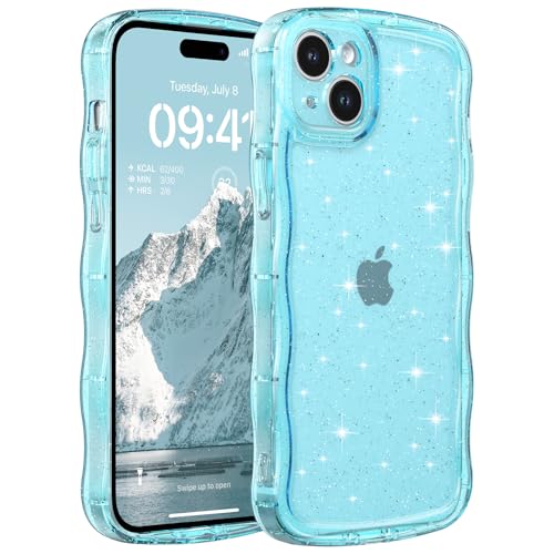 FABSPARK for iPhone 13/14,Glitter Wavy Clear PC Case,Clear Blue | Cute Curly Wave | Non-Yellowing Transparent Acrylic | Case with Sparkly Bling for iPhone 14/13,Glitter Clear Blue - color: Glitter Clear Blue, size: for iPhone 13/14