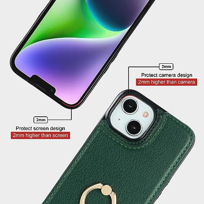 Folosu Compatible with iPhone 14 Case Wallet with Card Holder, 360°Rotation Finger Ring Holder Kickstand, RFID Blocking Leather Protective Double Buttons Shockproof Cover 6.1 Inch Dark Green - color: Dark Green, size: iPhone 14