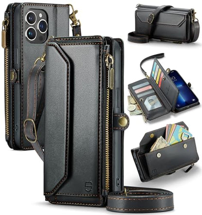 Strapurs Wallet Case Compatible with iPhone 13 Pro Max RFID Blocking 10-Card Holder Soft PU Leather Magnetic Snap Shoulder Strap Zipper Pocket Phone Case Fit for iPhone 13 Pro Max - Black | RFID Blocking 10-Card Holder, Shoulder Lanyard, Wirst Strap, Zipp