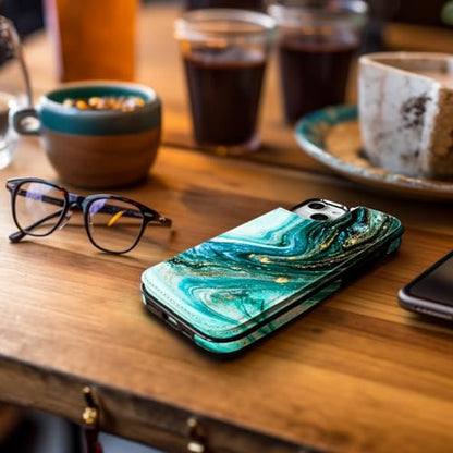 uCOLOR for iPhone 13/14 Wallet Case with Card Holder | PU Leather RFID Blocking for Women Men Magnetic Clasp Kickstand,Turquoise Blue Marble - color: Turquoise Blue Marble