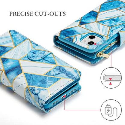 UEEBAI Case for iPhone 13 6.1 inch, PU Leather Wallet Retro Shockproof Flip Case Cover with Card Slots Stand Function, Magnetic Closure - Blue# - color: Marble Blue