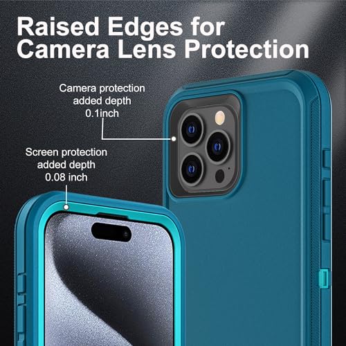 YKHJKLEC for iPhone 15 Pro Case, Military Grade 3 in 1 Heavy Duty Shockproof/Drop Proof/Dust Proof Case with 2Pcs Tempered Glass Screen Protector (Blue/Turquoise) - color: Blue/Turquoise