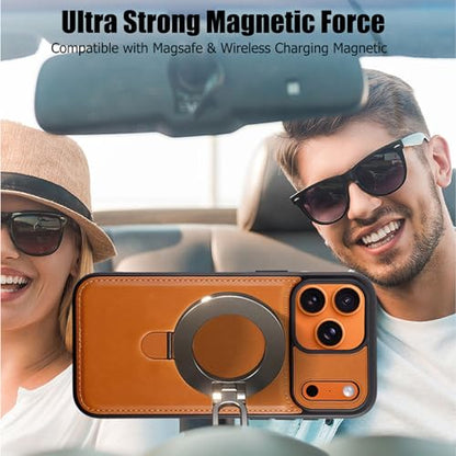 for iPhone 17 Pro Max Leather Case with Magnetic Ring Holder,[Compatible with Wireless Charging] Luxury Slim Shockproof Non-Slip Protective Kickstand Cover for iPhone 17 Pro Max (Brown) - color: Brown