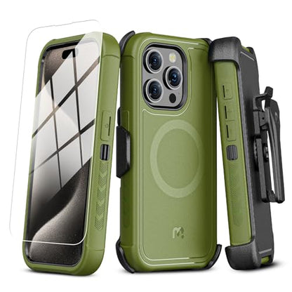 M MYBAT PRO Maverick Series for iPhone 15 Pro Max Case with Belt Clip Holster,[Compatible with Magsafe] w/Screen Protector, Anti-Drop,Shockproof,with 360°Rotating Kickstand,Heavy Duty Protection - color: Army Green