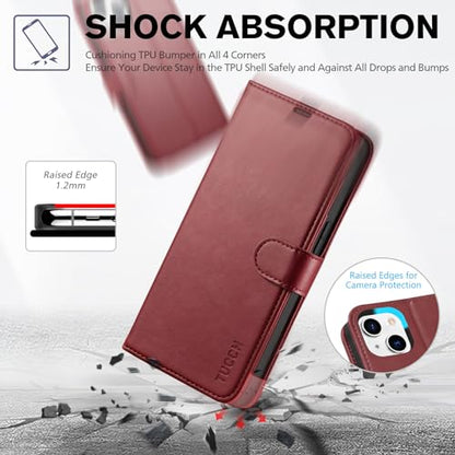 TUCCH Case Wallet for iPhone 14 (6.1") 2022, RFID Blocking Folio, Dark Red | 4 Card Holders, Kickstand, PU Leather, Magnetic Closure, Shockproof TPU Shell, Protective Flip Cover - color: Dark Red