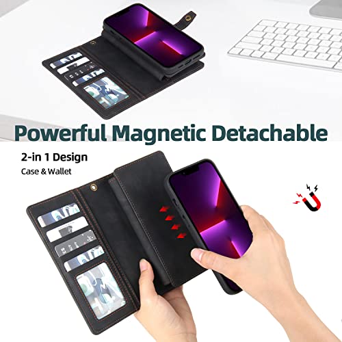 TwoHead for iPhone 11 Wallet case with 11 Card Holder (Black) | Detachable Magnetic Phone Case, PU Leather Wallet for Women/Men,Wireless Charging Compatible,with Wrist Strap - color: Black