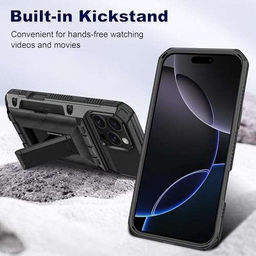 SAMONPOW for iPhone 16 Pro Case with Card Holder [4 Cards] &Kickstand Black - size: for iPhone 16 Pro