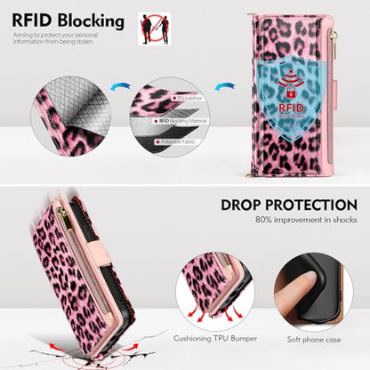 Antsturdy Crossbody Phone Wallet Case for iPhone 15 Pro,Leopard - Pink | RFID Blocking,PU Leather Flip Cover,Kickstand,with Credit Card Holder,Wrist Strap Lanyard & Handbag Purse,for Women & Men - color: (Crossbody) - Leopard-Pink