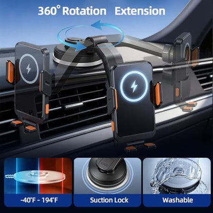 Car Phone Holder Mount, Wireless Car Charger with Auto Clamping, Dashboard Phone Mount and Windshield Holder, Extendable 360 Degree Arm, Washable Gel Suction Cup, Fits Most Smartphones - size: Universal | Auto Charge