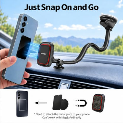 APPS2Car Magnetic Phone Holder for Car, 14-Inch Windshield Phone Mount - color: Black- Magnetic