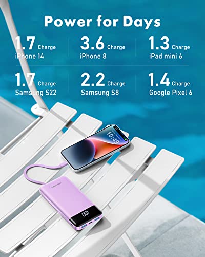 charmast Portable Charger Power Bank with Reinforced Built-in 4 Cables - color: Purple