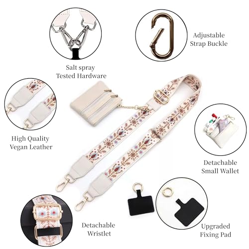 Crossbody Body Phone Holder for Women, New Phone Strap with Zippered Pouch, Adjustable Crossbody Strap - color: Flower White