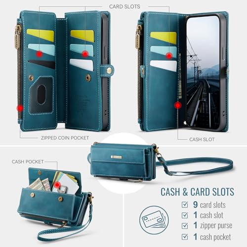 Wallet Case for iPhone 13 Mini – RFID Blocking PU Leather Phone Case with Card Holder, Zipper Pocket, Kickstand, Magnetic Closure, Shoulder & Wrist Strap, Blue Green - color: Blue Green, size: iPhone 13 Mini