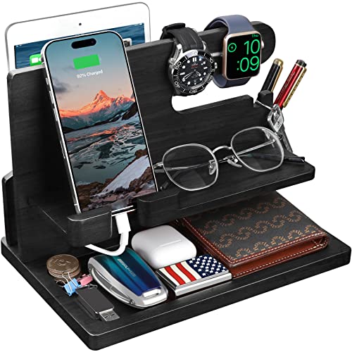 Gifts for Men Wood Phone Docking Station for Men Nightstand Organizer Gifts for Dad Charging Station Cell Phone Stand Desk Organizer Gifts for Husband Boyfriend Brother Son (Black)