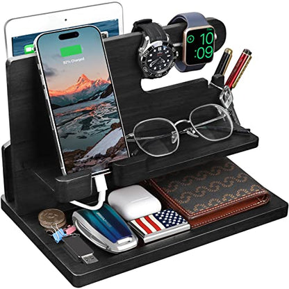 Gifts for Men Wood Phone Docking Station for Men Nightstand Organizer Gifts for Dad Charging Station Cell Phone Stand Desk Organizer Gifts for Husband Boyfriend Brother Son (Black)