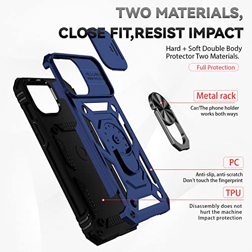 for iPhone 12 Mini Case with Camera Lens Cover HD Screen Protector, Dual Layer Military Grade Drop Protection Magnetic Ring Holder Kickstand Protective Phone Case for iPhone 12 Mini 5.4 inch (Navy) - color: Navy Blue with camera cover Military-Grade 2nd g