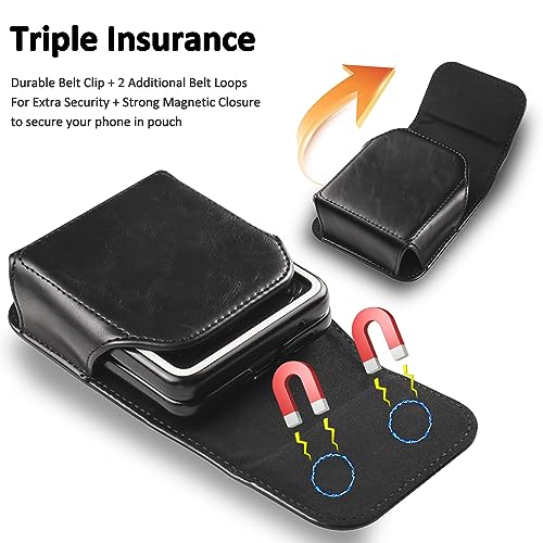 Holster for Samsung Galaxy Z Flip 7/6/5, Premium Leather Phone Pouch with Belt Clip Belt Case for Motorola Razr Plus, Moto Razr -Black - color: Black