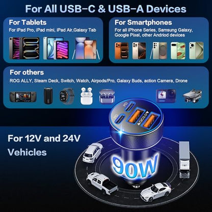 USB C Car Charger, Dual Ports 90W Fast Charging Cigarette Lighter Adapter - color: Black, size: 1-Pack