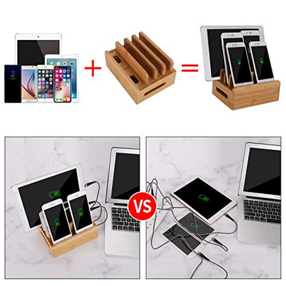 Bamboo Wood Multi-Device Desktop Dock Station Charger Holder Charging Cradle Charge Stand Compatible for iPhone 16 15 14 13 12 11 Pro Max XS XR X iPad 3 4 Mini Pro Air Samsung Huawei Smartphones - color: Small