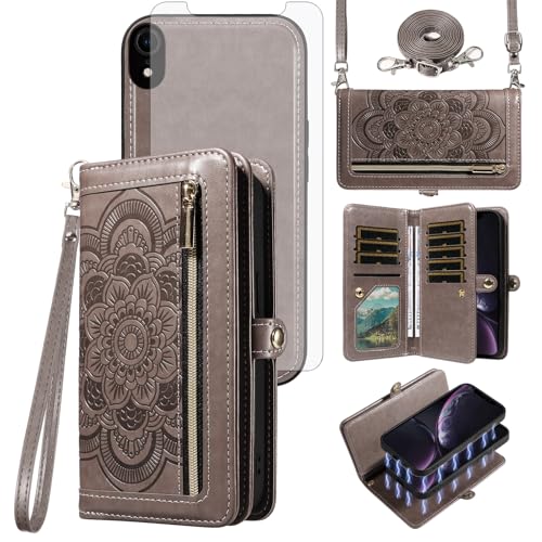 Asuwish Phone Case for iPhone XR 6.1 Zipper Wallet Magnetic Cell Cover with Tempered Glass Screen Protector Strap Flower Card Holder iPhoneXR iPhone10R i Phonex 10XR 10R RX CR iPhoneXRcases Women Gray - color: Gray