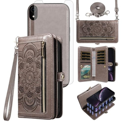 Asuwish Phone Case for iPhone XR 6.1 Zipper Wallet Magnetic Cell Cover with Tempered Glass Screen Protector Strap Flower Card Holder iPhoneXR iPhone10R i Phonex 10XR 10R RX CR iPhoneXRcases Women Gray - color: Gray