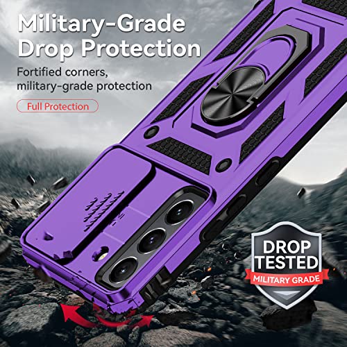 for Samsung Galaxy S22 Case with Camera Lens Cover HD Screen Protector, Dual Layer Military-Grade Drop Tested Magnetic Ring Holder Kickstand Protective Phone Case for Samsung Galaxy S22 5G (Purple) - color: Purple with camera cover Military-Grade 2nd gen