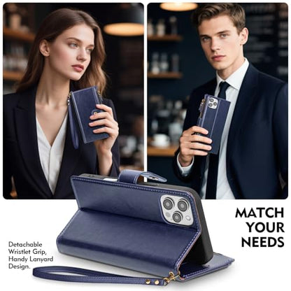 Compatible with iPhone 13 Pro Wallet Case with Card Holder RFID Blocking Zipper Poket PU Leather Flip Phone Case with Wrist Strap Credit Card Slots Men Women,for Apple 13 Pro 6.1",Blue - color: Blue, size: iPhone 13 Pro - 6.1