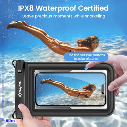 Rynapac Waterproof Phone Pouch Floating [Up to 8.5''], 2 Pack IPX8 Dry Bag | Touchscreen & Underwater Photography, Adjustable Lanyard, for iPhone 17 16 15 14 Pro Max, Gglaxy S25, Beach Cruise Essentials - color: Black + Black, size: Regular Size [8.5inch]