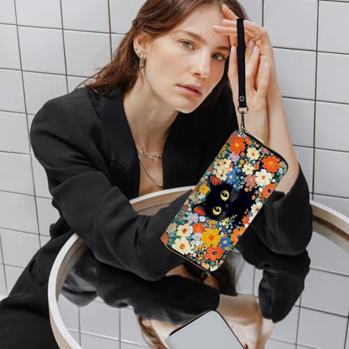 Ladies Wallet,Clutch Purses for Women Wallets Leather Credit Card Holder for Women Wristlet Slim Small Cute with Zipper,Thin RFID Blocking with Wrist Strap,Flower Black Cat - color: Flower Black Cat