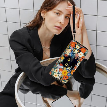 Ladies Wallet,Clutch Purses for Women Wallets Leather Credit Card Holder for Women Wristlet Slim Small Cute with Zipper,Thin RFID Blocking with Wrist Strap,Flower Black Cat - color: Flower Black Cat