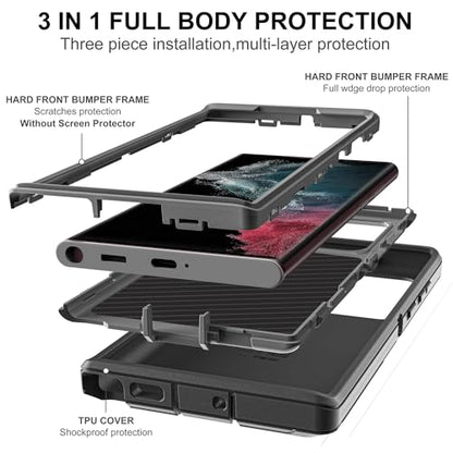 for Samsung Galaxy S22 Ultra Case with Self Healing Flexible TPU Screen Protector [2 Pack], 3 in 1 Full Body Shockproof Heavy Duty Case for Samsung S22 Ultra 5G (Black/Grey) - color: Black/Grey