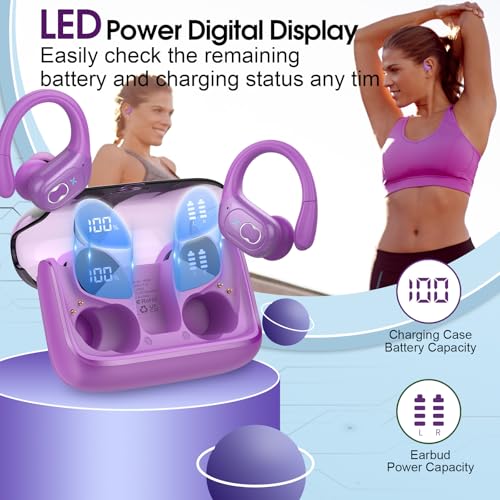 Wireless Earbuds 75H Bluetooth 5.4 Sport Headphones with Earhooks, Purple - color: Purple