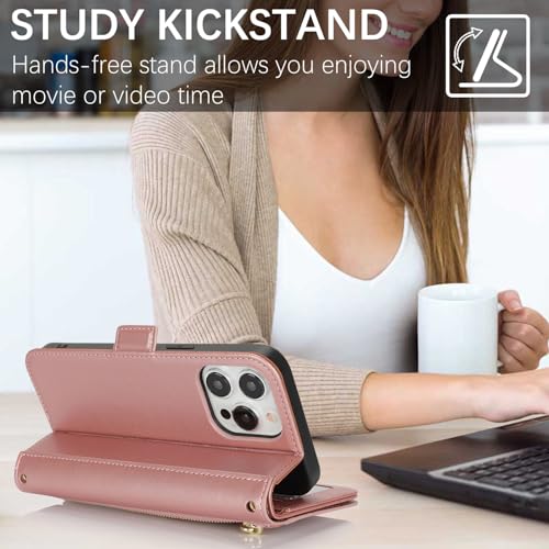 for iPhone 15 Pro Wallet Case for Women,for iPhone 15 Pro Case with Strap Crossbody Lanyard,PU Leather Shockproof Card Holder Stand Zipper Pocket Flip Phone Case-Rose Gold - color: Rose gold