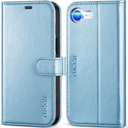 TUCCH Wallet Case for iPhone 17e & 16e 6.1", Flip Stand, Pearly Light Blue | RFID Blocking, 4 Card Holders, Kickstand, PU Leather, Shockproof TPU Shell, Magnetic Closure, Protective Folio Cover - color: Pearly Light Blue