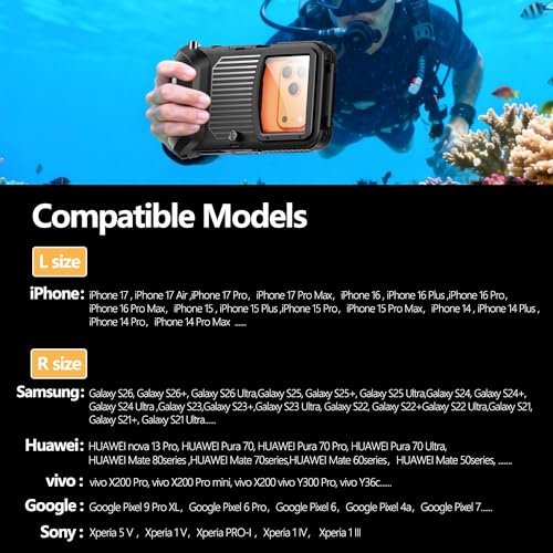 UECHCASES Universal Diving Phone Case for 5.4"-6.9", 15m/50ft Professional Underwater Housing with Vacuum Valve, Physical Shutter, 1/4" Tripod Mount (Black, for Android Right-Side Button) - color: Black