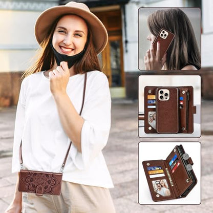 Asuwish Phone Case for iPhone 16 Pro 6.3 inch Zipper Wallet Detachable Cell Cover with Tempered Glass Screen Protector Crossbody Lanyard Strap Flower Card Holder i Phone16 i16 16Pro Women Girls Brown - color: Brown