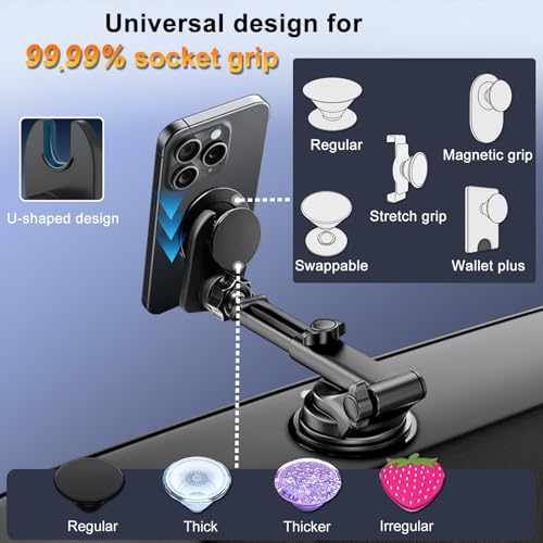 Car Mount for Pop Socket, Dashboard Windshield Car Phone Holder Compatible with Popsocket, Powerful Suction Cup Car Phone Mount Fits All Smartphones with Pop Grip - style: Extended Socket Mount