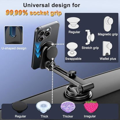 Car Mount for Pop Socket, Dashboard Windshield Car Phone Holder Compatible with Popsocket, Powerful Suction Cup Car Phone Mount Fits All Smartphones with Pop Grip - style: Extended Socket Mount