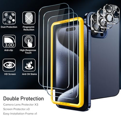 ivoler 3 Pieces Tempered Glass Screen Protector for iPhone 15 Pro 6.1 Inch with 3 Pieces Rear Camera Protector, Easy Installation Tool, 9H Hardness, Anti-Scratch, Bubble-Free - size: iPhone 15 Pro 6.1 Pouces