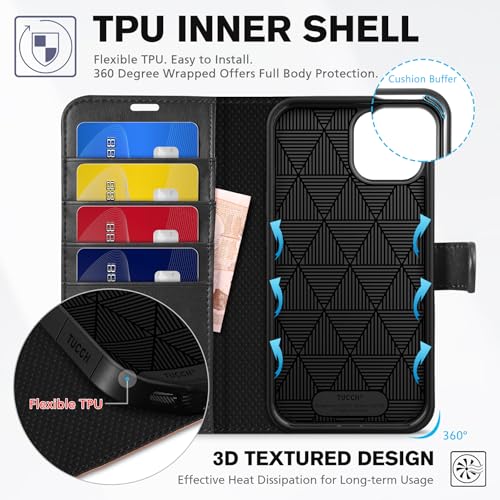 TUCCH Wallet Case for iPhone 14 (6.1") 2022, Flip Stand, Black & Brown | RFID Blocking, 4 Card Holders, Kickstand, PU Leather, Shockproof TPU Shell, Magnetic Closure, Protective Folio Cover - color: Black & Brown