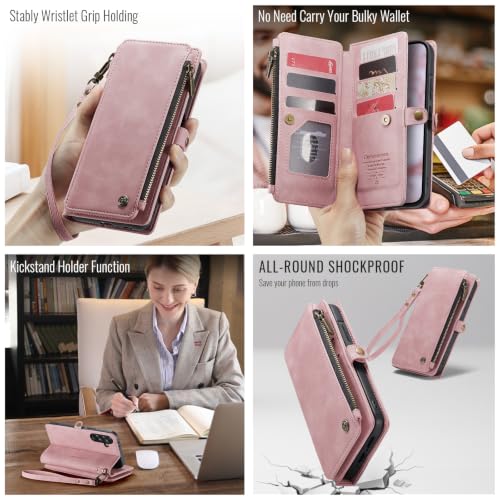 Defencase for Samsung Galaxy A37 5G Wallet Case with Card Holder, Rose Pink | RFID Blocking, Zipper Pocket, Durable PU Leather, Wrist Strap, Fashion Snap Flip Phone Cases Cover with Stand for Women Men - color: Pink